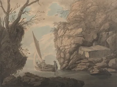 A Sailing Dinghy With Three Men Leaving A Rocky Inlet