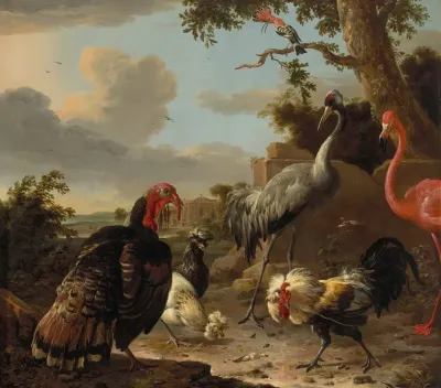 A Sarus Crane A Flamingo A Wild Bronze Turkey Cock Two Paduan Fowl A Silver Birchen Game Cockerel And A Hoopoe In A Landscape
