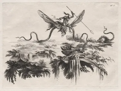 A Savage Mounted On A Winged Serpent Battling With A Wild Beast Resembling A Porcupine
