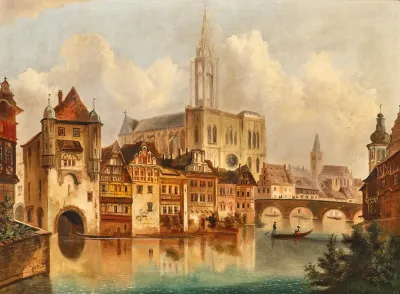 A Scene On A Canal Near Strasbourg Cathedral