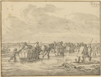 A Scene On The Ice With Skaters And Wagons