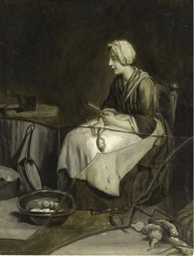 A Scullery Maid Peeling Potatoes With Trompe Loeil Broken Glass