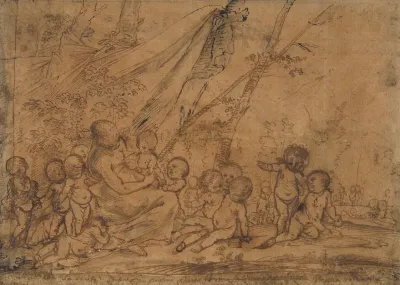 A Seated Female Figure Surrounded By Nude Infants
