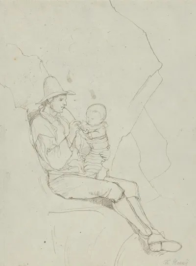 A Seated Italian Shepherd With A Small Child On His Lap