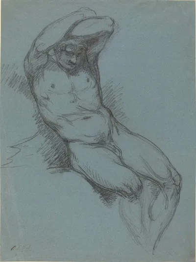 A Seated Male Nude With His Hands Crossed Over His Head