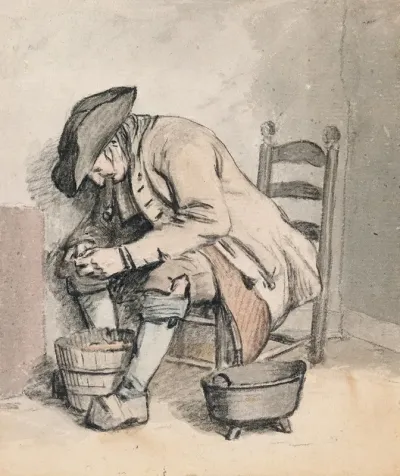 A Seated Man Leaning Over A Pail
