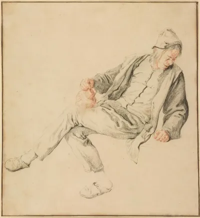 A Seated Peasant Looking Down To The Right Holding A Pitcher