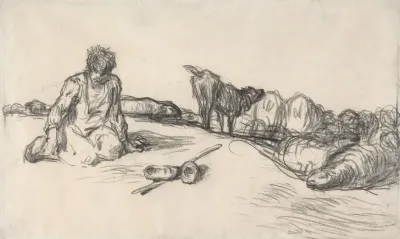 A Seated Shepherd With His Dog And Sheep