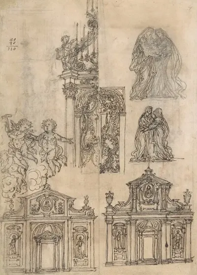 A Sheet Of Studies With Architectural Motifs And Two Sketches For A Visitation