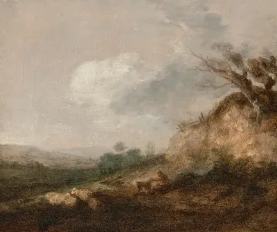 A Shepherd And His Dog In A Landscape His Flock Resting By A Dune In The Foreground