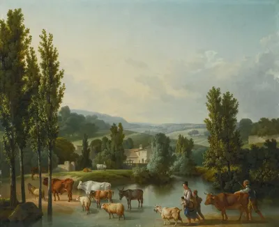 A Shepherd And His Family With Their Livestock Fording A Stream In An Extensive Landscape