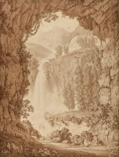 A Shepherd And Muses By A Waterfall