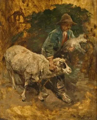 A Shepherd Boy With A Lambkin And A Sheep