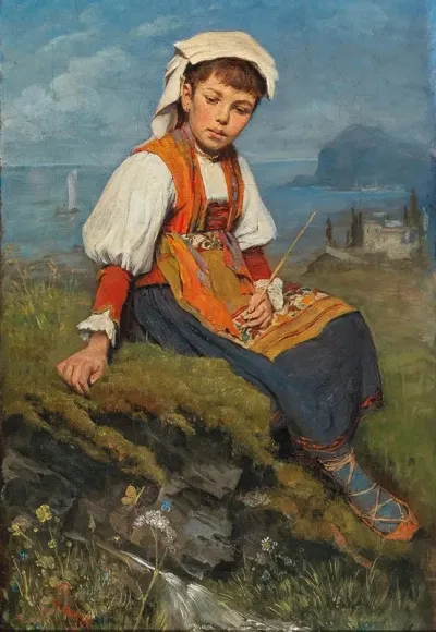 A Shepherd Girl Before A Coastal Landscape