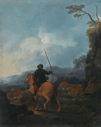 A Shepherd Riding A Horse And Leading His Flock In A Landscape