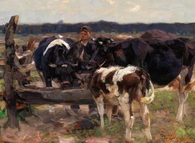 A Shepherd With Cows Near A Watering Place