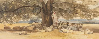 A Shepherd With Flock Beneath A Large Tree