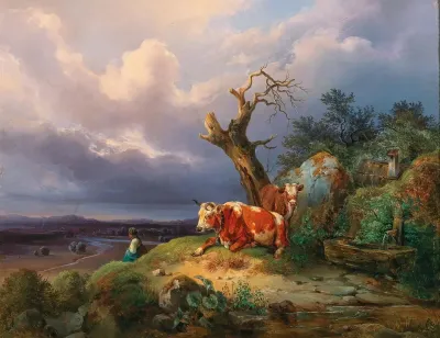 A Shepherdess With Two Cows In A Vast Landscape