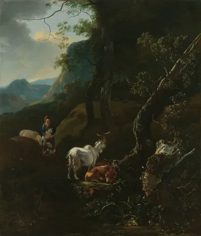 A Sherpherdess With Animals In A Mountainous Landscape