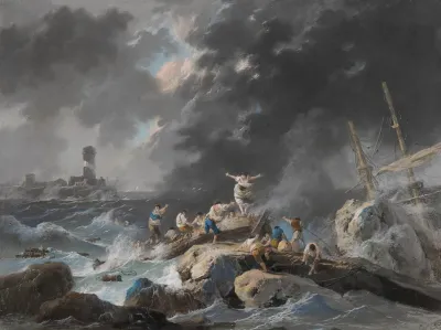 A Shipwreck On A Coast During A Storm A Lighthouse Beyond