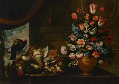 A Silver Charger With Fowl And A Terracotta Vase With Various Flowers On A Table With A Parrot And A Curtain A Landscape Beyond