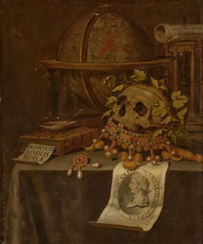 A Skull Atop A Jewelled Crown An Astrological Globe An Hourglass A Book A Shell With Soap Bubbles And An Engraved Portrait Of The Emperor Augustus On A Draped Table