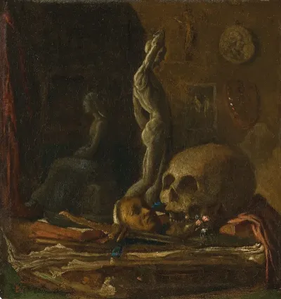 A Skull Mask Sword Statuette And Book On A Table In An Artists Studio Oil On Copper