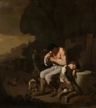 A Sleeping Boy And A Man Removing Fleas From Himself