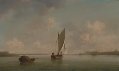 A Smack Under Sail In A Light Breeze In A River