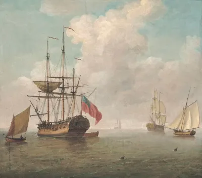 A Small Man Owar At Anchor With Cutters Under Sail