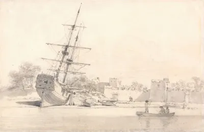 A Small Sailing Ship Drawn Up On The Shore Below Some Fortified Buildings