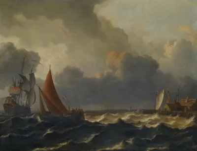 A Smalschip Closed Hauled In A Stiff Breeze With A Flagship Offshore To The Left And A Jetty To The Right
