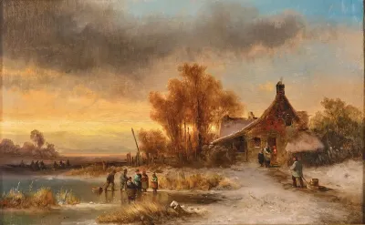 A Snowy Pond At Sunset