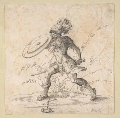 A Soldier Brandishing A Shield In A Landscape