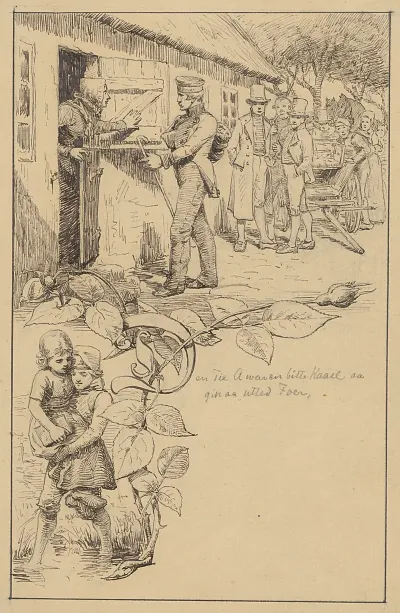 A Soldier Is Seen Outside A Thatched House A Peasant Woman Is Looking Out From The Doorway