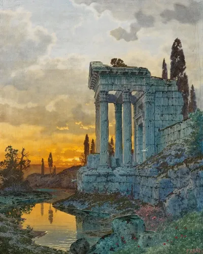 A Southern Landscape With Ruins Of An Antique Temple