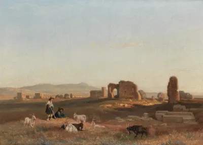 A Southern Landscape With Ruins With Goats And Shepherds