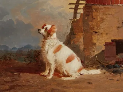 A Spaniel Seated Outside Of A Barn