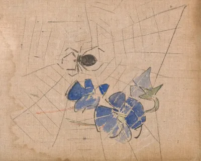 A Spider And Web With Blue Flowers