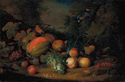 A Split Melon Peaches Plums Grapes Apples And Currants With A Parrot And A Bullfinch A Mountainous Landscape Beyond