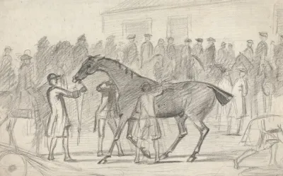 A Stable Boy Rubbing Down A Racehorse