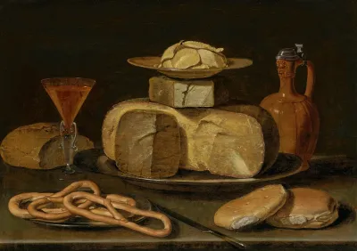 A Stack Of Cheese On A Pewter Platter With Butter On A Plate A Stoneware Jug Bread Pretzels Wine In A Facon De Venise Glass And A Knife On A Ledge