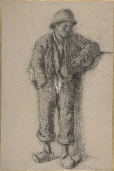 A Standing Peasant Boy In Hat And Wooden Shoes