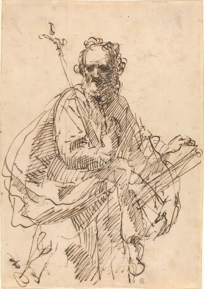 A Standing Saint With A Crucifix And A Book