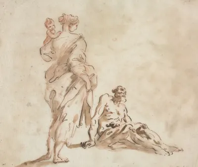 A Standing Woman Holding A Child A Seated Male At Her Feet