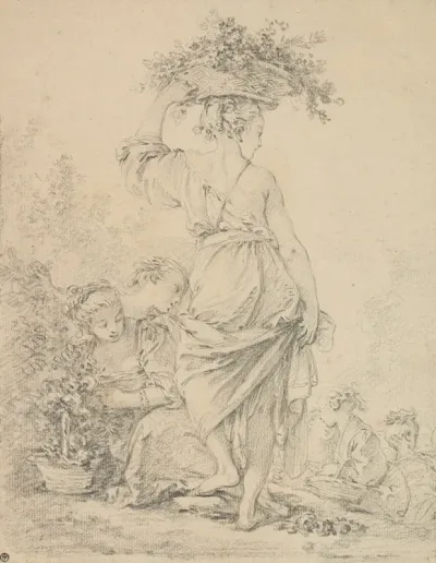 A Standing Young Woman And Others Gathering Flowers La Jardiniere
