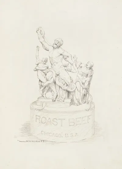 A Statue Of Three Men Being Attacked By Snakes The Base Of The Statue Reads Roast Beef Chicago U S A