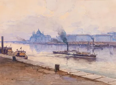 A Steam Boat On The River Danube The Parliament Building Of Budapest In The Background