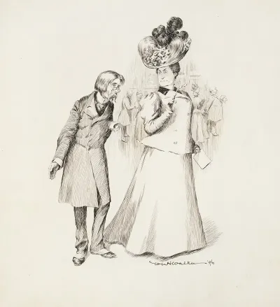 A Stern Older Woman Looks Down At A Shorter Man Who Is Missing A Hand At A Party