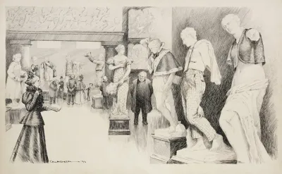 A Stern Woman And A Clergyman Look Disapprovingly At Nude Statues In A Museum Which Have Been Covered With Clothes